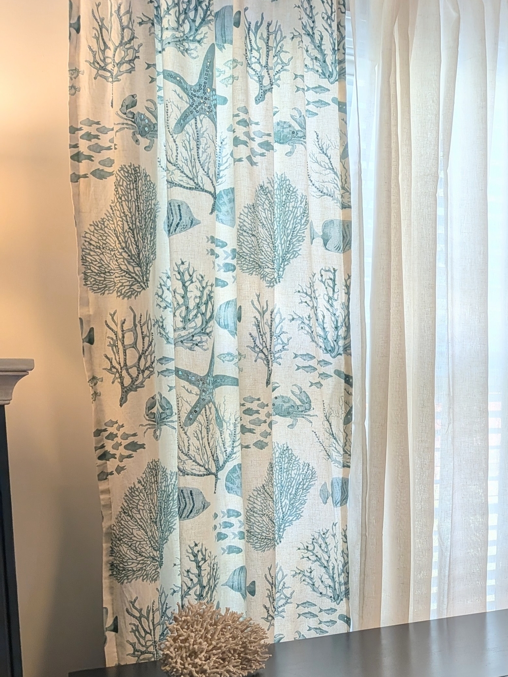 Pier 1 Coastal Beaded & Sequined Coral Curtain Panel Linen Blend Blue White